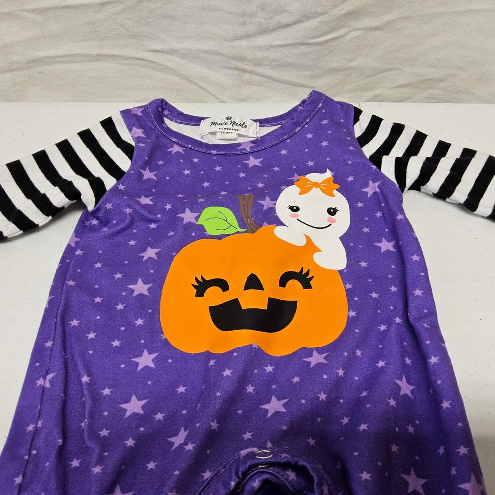 Marie Nicole Romper Baby Girl 0-3M Purple Halloween Pumpkin Ghost Bell Bottoms